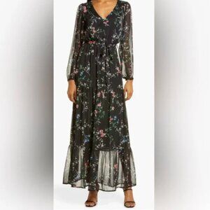 Chelsea 28 Dress Womens Small Black Long Sheer Sleeve V-neck Floral Chiffon Maxi